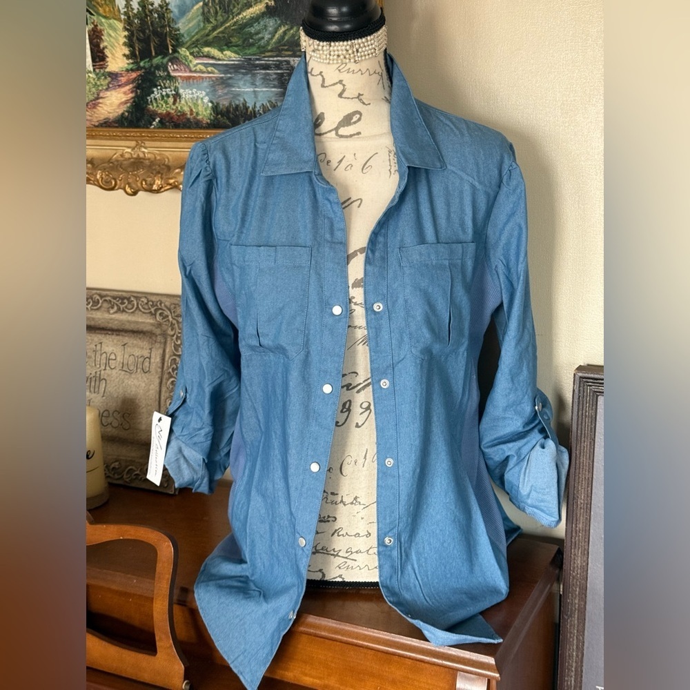 NY Collection Light Blue Denim Button-Up Shirt NWT 55.00